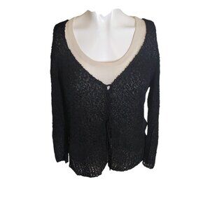 Ball of Cotton V neck Handloomed Sweater Boucle Corset Tie Split Hem Black Sz M